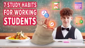 Student in formal waiter clothes with study icons and a money sack, representing the balance of work and study habits.