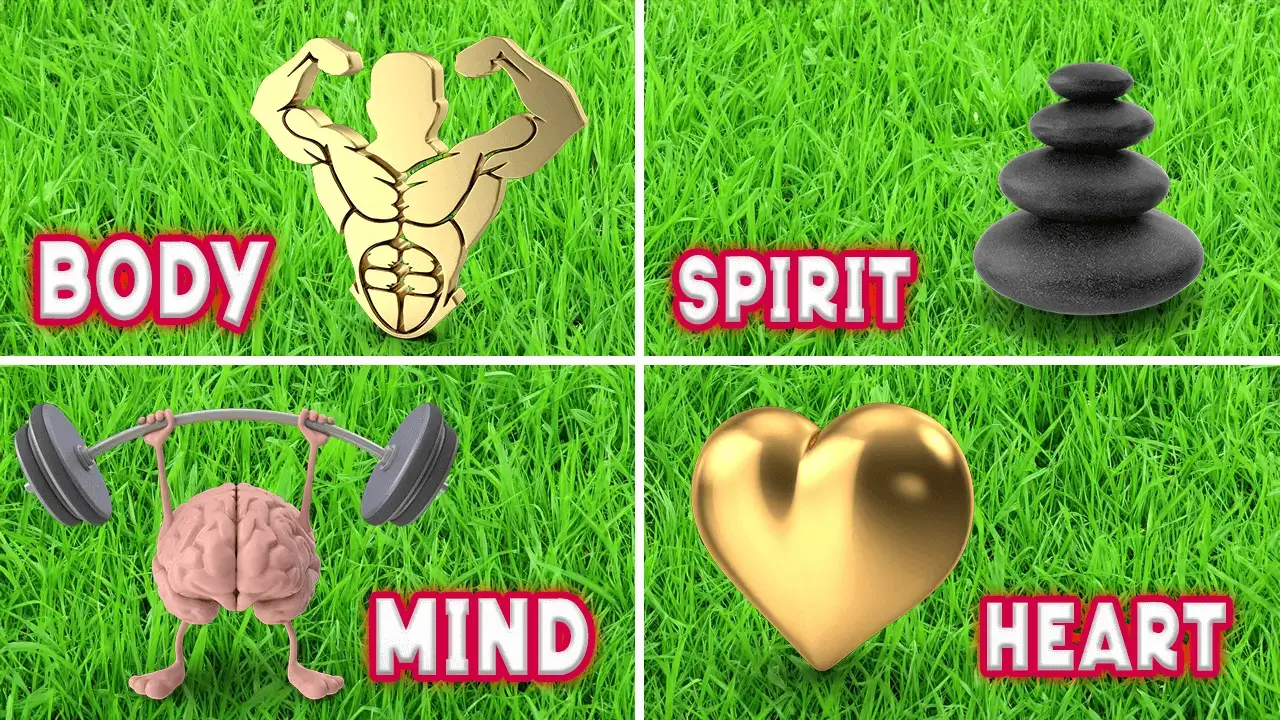 Digital illustration featuring the four dimensions of personal renewal: A golden muscular torso labeled 'BODY' against a grassy backdrop; serene stacked stones symbolizing 'SPIRIT'; a brain flexing with dumbbells showcasing the 'MIND'; and a radiant gold heart representing the 'HEART' dimension