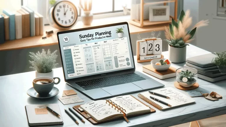 Organized home office with laptop displaying digital planner, handwritten notebook, coffee cup, and potted plant, representing Sunday planning for productivity.