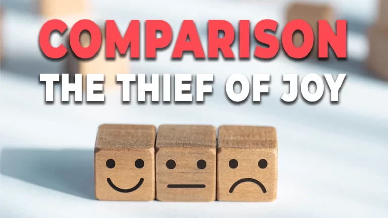 Red and white text stating 'COMPARISON THE THIEF OF JOY' set against a blurred background featuring three wooden blocks. Each block displays a distinct facial expression: happy, neutral, and sad.