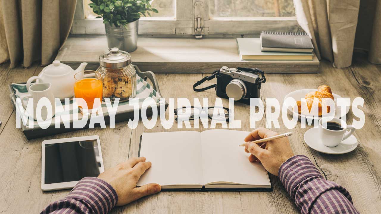 The image depicts a serene morning scene, ideal for journaling. On a rustic wooden table lies an open journal, ready for the day's reflections. A person's hands are shown poised to write, suggesting the beginning of a thoughtful session. Accompanying the journal are a camera, a refreshing glass of orange juice, a steaming cup of coffee, and a flaky croissant, creating an inviting atmosphere for contemplation. The phrase "MONDAY JOURNAL PROMPTS" is prominently displayed over the image, capturing the essence of starting the week with intention. This setting is perfect for those seeking inspiration and clarity through their writing ritual.