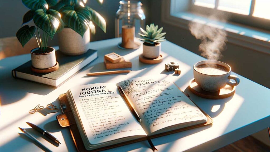 An inviting image showcasing a journal open to a page titled 'Monday Journal Prompts for a Focused Week Ahead' with visible handwritten prompts, placed on a modern desk beside a cup of hot coffee with steam rising from it. The desk also features a small potted plant, symbolizing growth, with sunlight casting a warm glow across the scene.