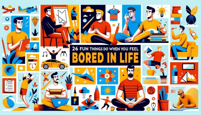 Colorful illustration of 26 fun activities to combat boredom, featuring dynamic cartoon figures engaging in various hobbies such as painting, reading, and cooking.